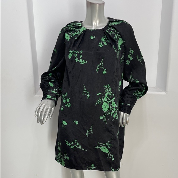 Zara Long Sleeve Black Green Jacquard Floral Print Mini Dress  Size XL - Picture 2 of 13